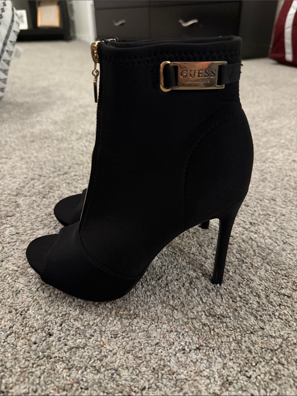 GUESS Women’s Black Peep-Toe Ankle Booties with Gold Logo Accent Size 6